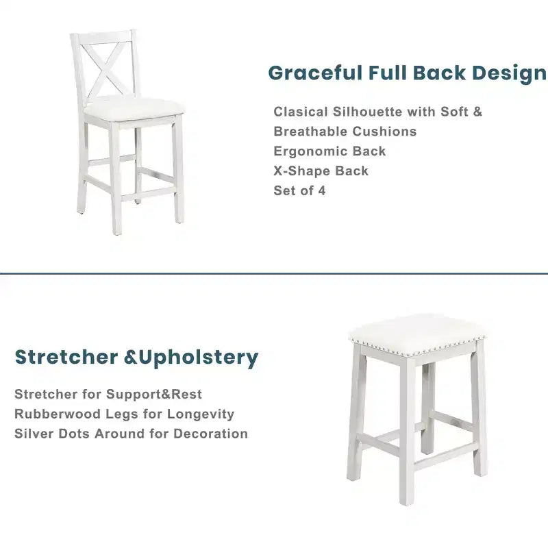 Ensemble de salle à manger 5 pièces rustique de style ferme, ensemble de salle à manger avec table de salle à manger de hauteur comptoir/bar, 2 chaises de salle à manger et 2 tabourets, Gris/Blanc-ModernLuxe