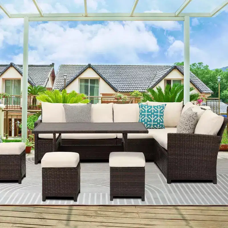 Ensemble de mobilier de jardin 7 pièces Heynemo avec table à manger et chaises, ensemble de conversation en osier tout temps avec pouf, mobilier d'extérieur à dossier haut incurvé
