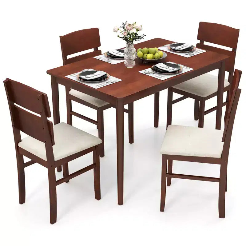 Costway 5 PCS Dining Table Set for 4 Farmhouse Wooden Table & 4 Upholstered Chairs