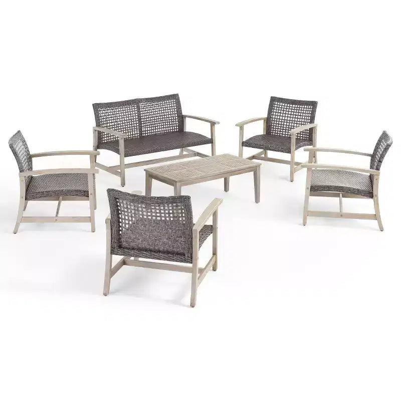 GDFStudio Savannah Ensemble de conversation 6 places avec causeuse et fauteuils en bois d'acacia et osier tressé pour l'extérieur