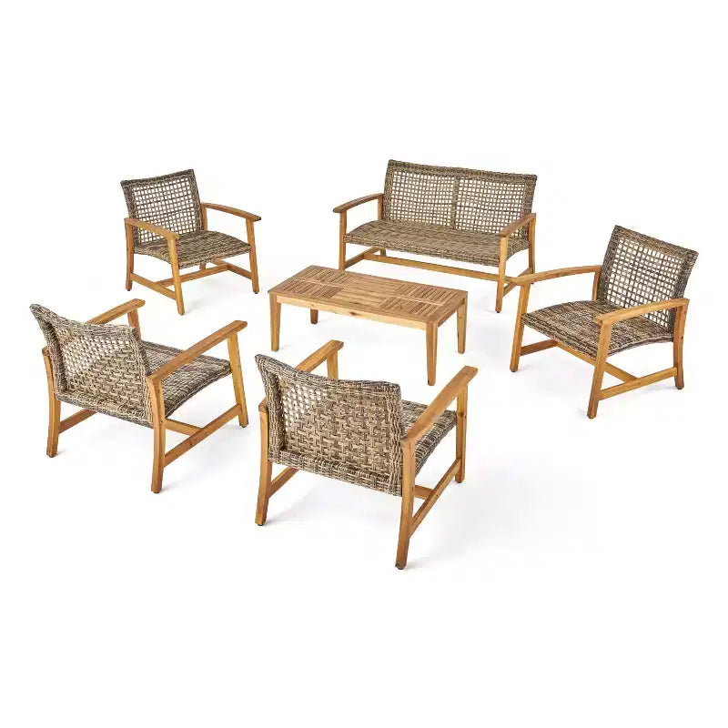 GDFStudio Savannah Ensemble de conversation 6 places avec causeuse et fauteuils en bois d'acacia et osier tressé pour l'extérieur
