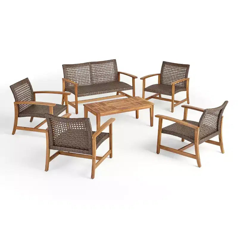 GDFStudio Savannah Ensemble de conversation 6 places avec causeuse et fauteuils en bois d'acacia et osier tressé pour l'extérieur