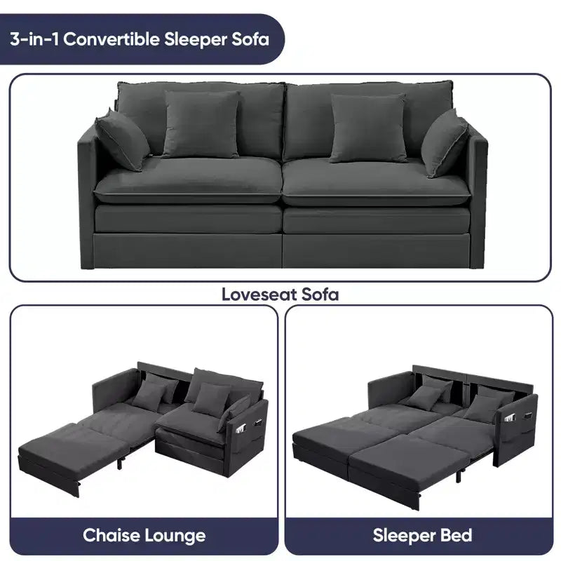 Mjkone Canapé Convertible 3-en-1 en Velours Glacé de 198 cm avec Poches Latérales, Transformable en Lit ou en Chaise Longue