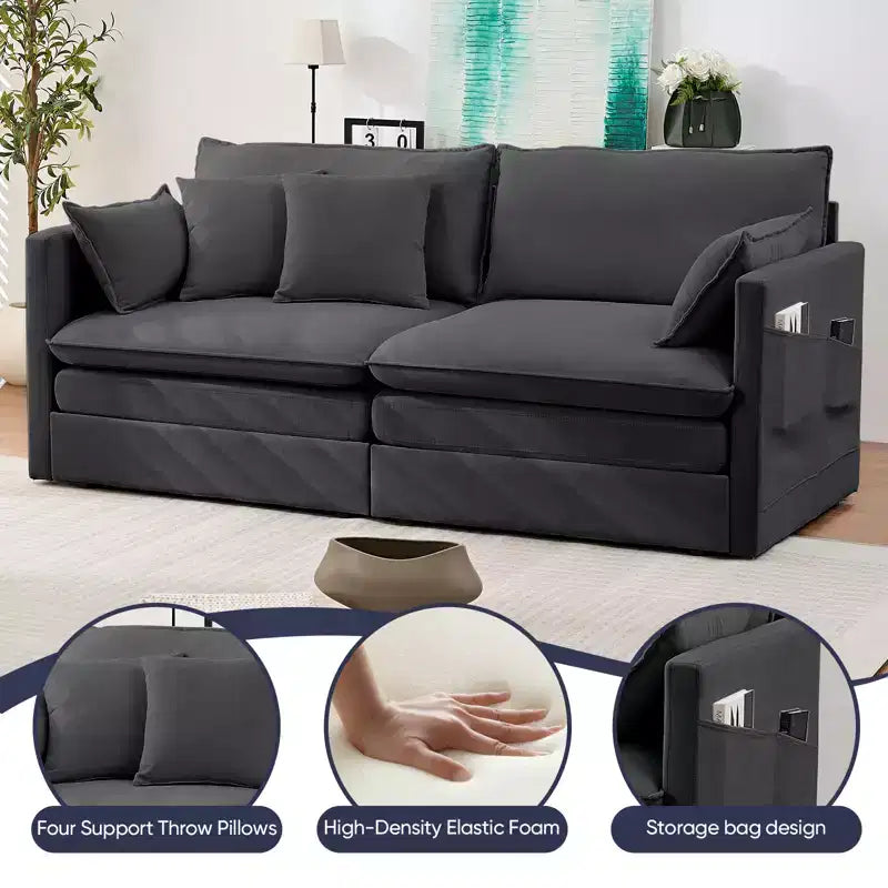 Mjkone Canapé Convertible 3-en-1 en Velours Glacé de 198 cm avec Poches Latérales, Transformable en Lit ou en Chaise Longue