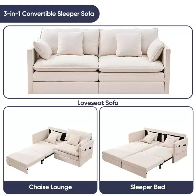 Mjkone Canapé Convertible 3-en-1 en Velours Glacé de 198 cm avec Poches Latérales, Transformable en Lit ou en Chaise Longue