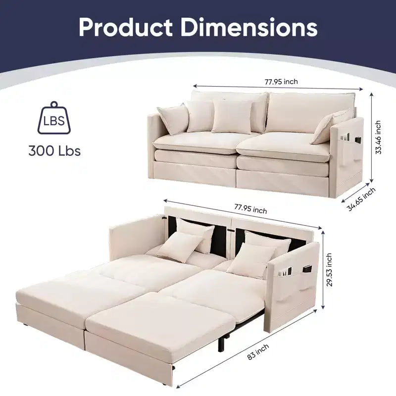 Mjkone Canapé Convertible 3-en-1 en Velours Glacé de 198 cm avec Poches Latérales, Transformable en Lit ou en Chaise Longue