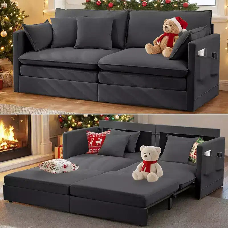 Mjkone Canapé Convertible 3-en-1 en Velours Glacé de 198 cm avec Poches Latérales, Transformable en Lit ou en Chaise Longue