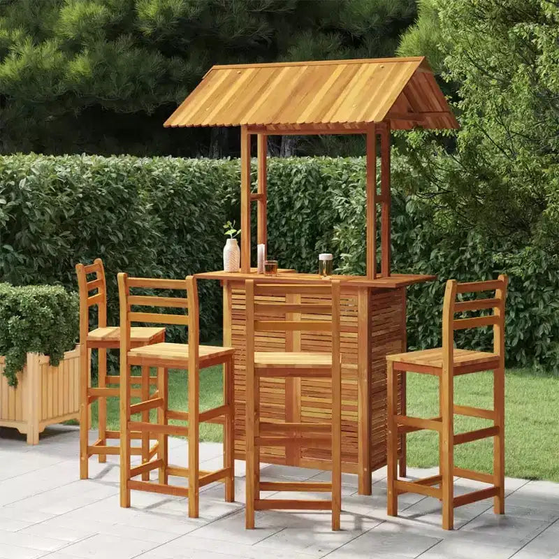 vidaXL Ensemble de bar de jardin 5 pièces en bois d'acacia Table haute d'extérieur avec toit et 4 tabourets pour jardin, terrasse, finition marron