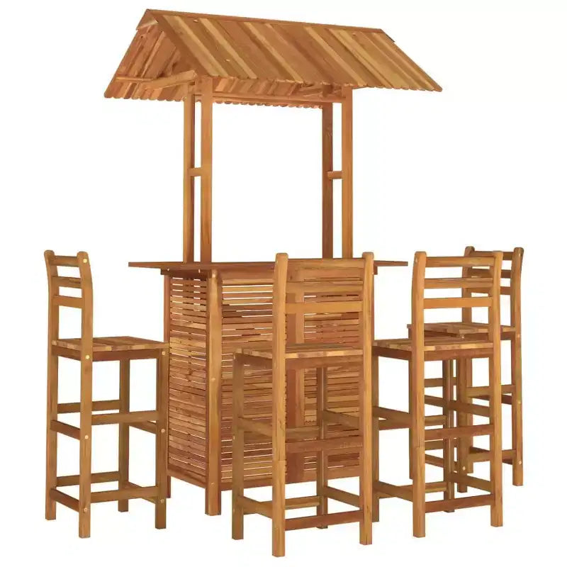 vidaXL Ensemble de bar de jardin 5 pièces en bois d'acacia Table haute d'extérieur avec toit et 4 tabourets pour jardin, terrasse, finition marron