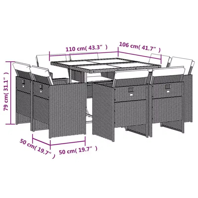 vidaXL Ensemble de salle à manger d'extérieur, 8 pièces, table à manger en rotin gris et chaises rembourrées bleu marine