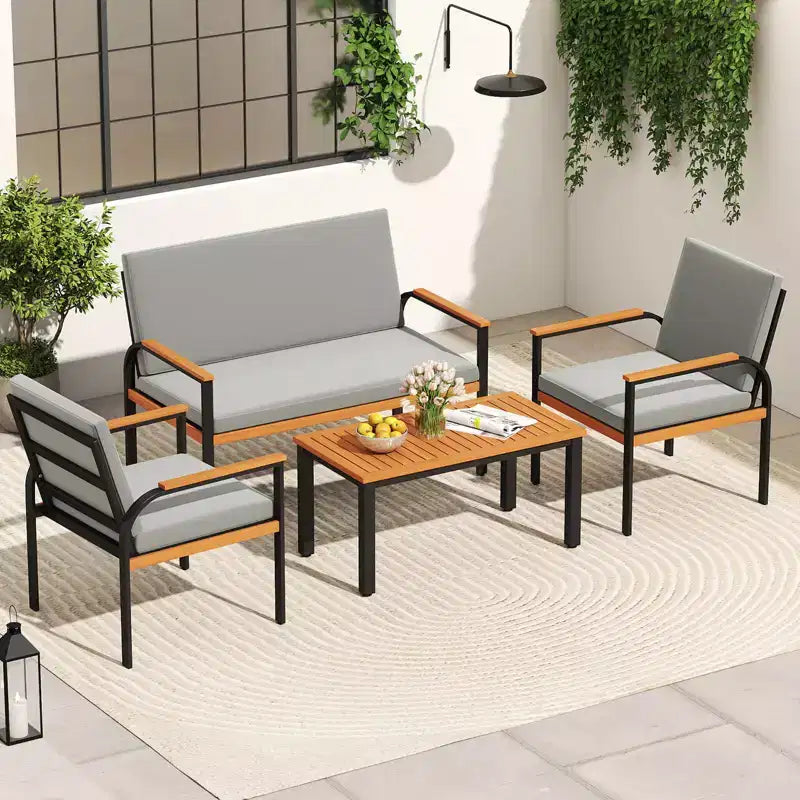 Costway Ensemble de Meubles de Patio 8 Pièces avec Table Basse, Causeuse et 4 Chaises Simples pour Porche Noir/Gris