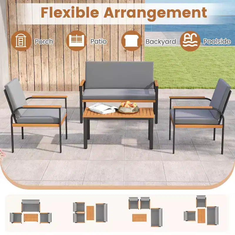 Costway Ensemble de Meubles de Patio 8 Pièces avec Table Basse, Causeuse et 4 Chaises Simples pour Porche Noir/Gris