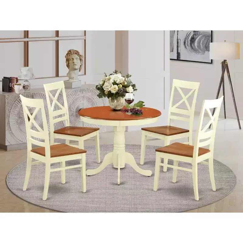 Table à manger 5 pièces ronde en bois massif avec plateau fini en babeurre et cerisier, avec 4 chaises