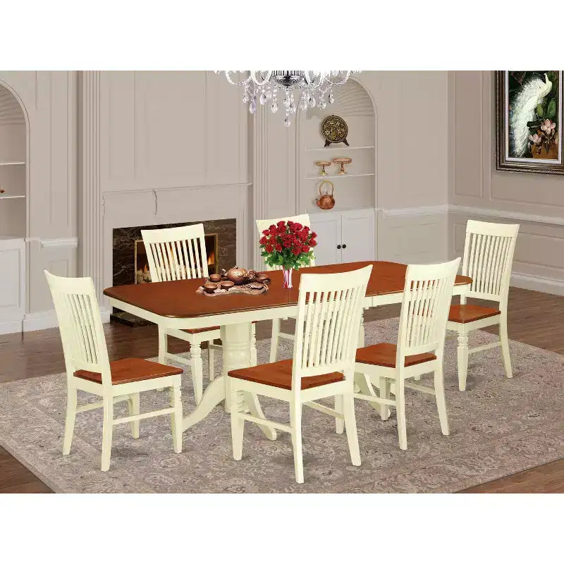 Table à manger HomeStock 7 pièces avec plateau en bois massif finition cerisier et crème, et 6 chaises