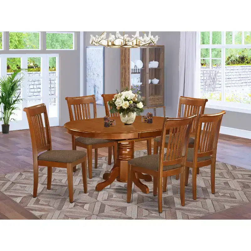 Table à manger 7 pièces ovale en bois massif finition brun selle avec 6 chaises avec
