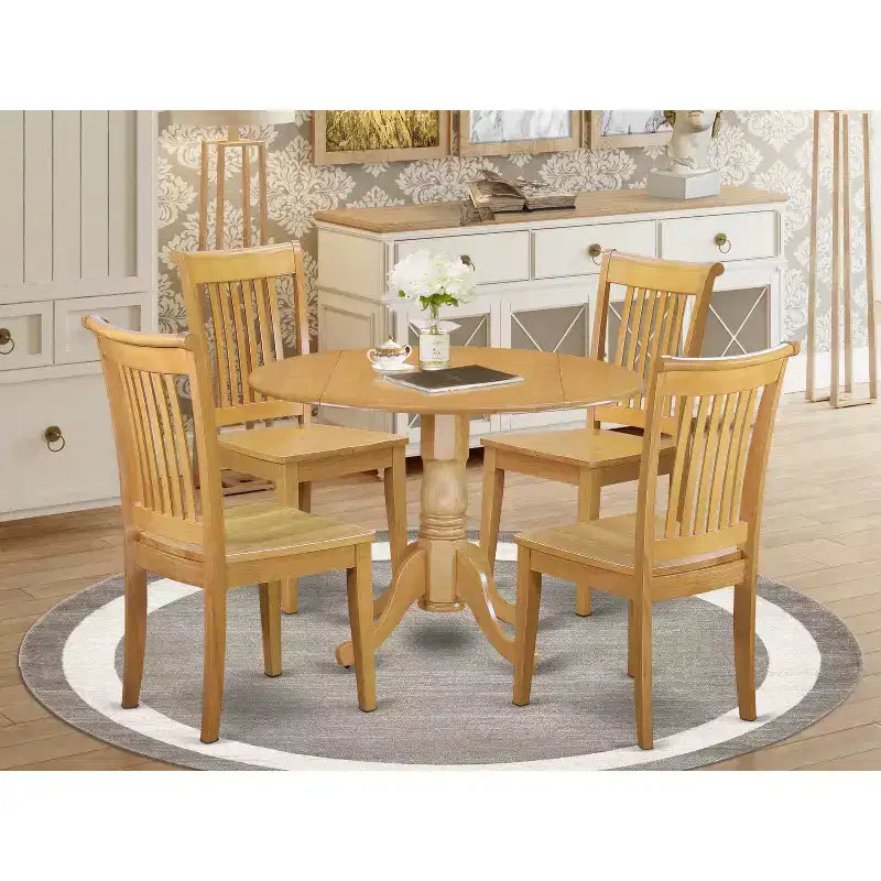 Ensemble repas moderne - Table ronde et 4 chaises - 107 cm - Finition chêne - Meubles de salle à manger/cuisine