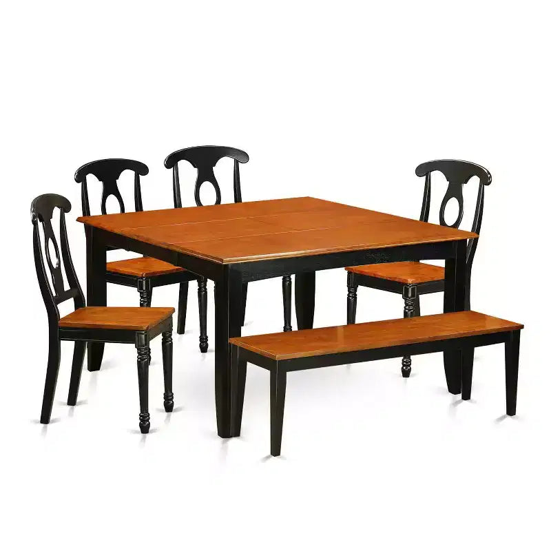 HomeStock 6-Piece Square Black & Cherry Finish Solid Wood Top dining Table with 1-Bench and 4-Chairs