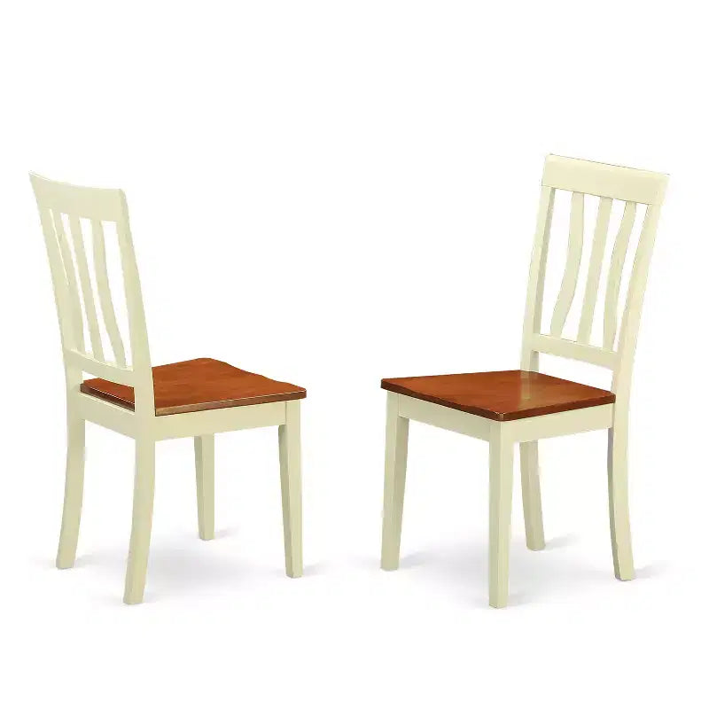 Table à manger 3 pièces en bois massif à plateau rond, finition Buttermilk et Cherry, avec 2 chaises avec