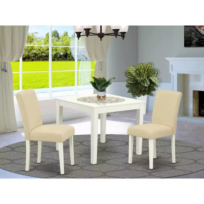 Ensemble de table de cuisine carrée avec chaises - Table de salle à manger de 91 cm et 2 chaises Parson - Pieds blanc lin, tissu beige clair