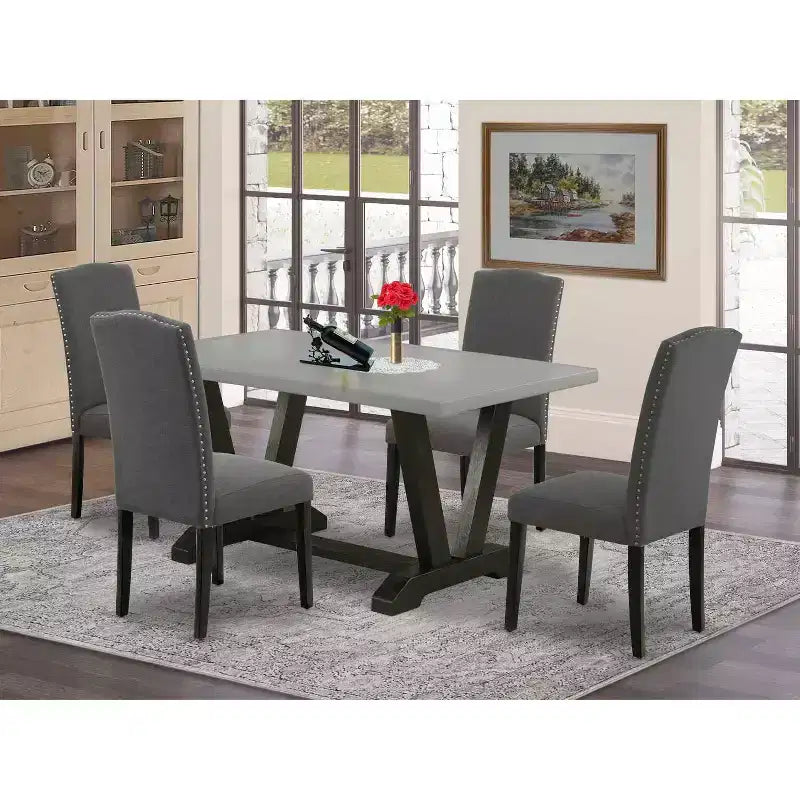Table à manger 5 pièces rectangulaire avec plateau en bois massif finition chêne naturel et 4 chaises avec