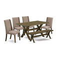 HomeStock 6-Pc Rectangle Distressed Jacobean Finish Solid Wood Top Dining Table with 1-Bench, 4-Chairs