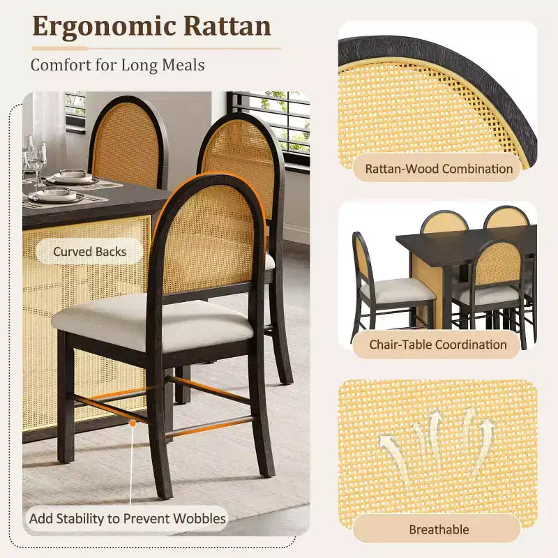 Ensemble de salle à manger rustique 7 pièces avec cadre en bois et accents en rotin, ensemble de salle à manger avec 6 chaises de salle à manger en rotin pour salle à manger - Panipeachy