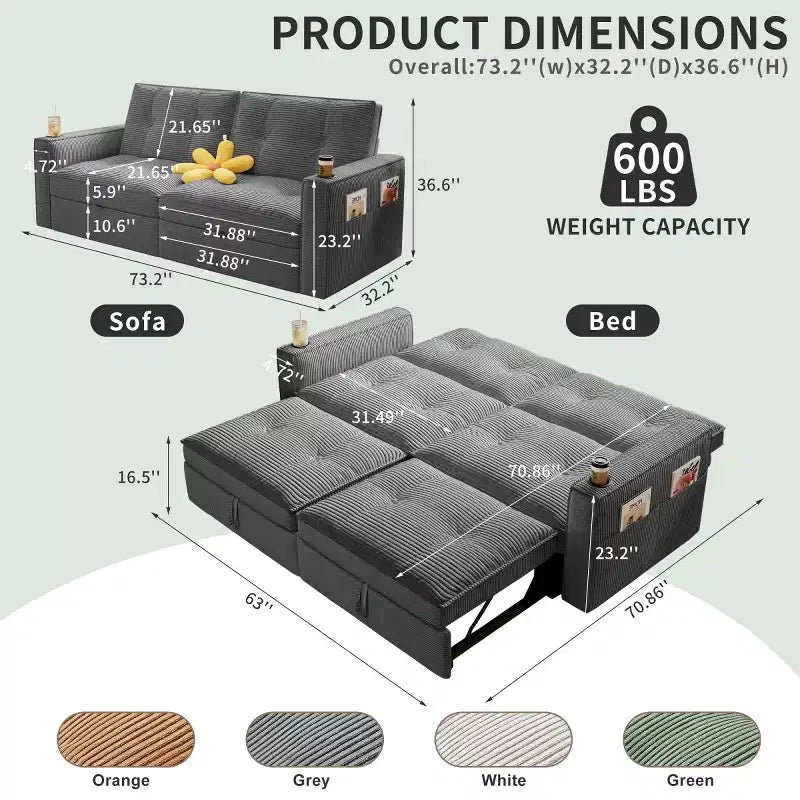 Canapé-lit convertible 73 po avec polyester de velours côtelé, causeuse inclinable pour salon, chambre d'amis ou appartement-Panipeachy