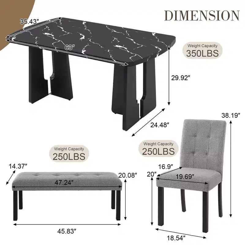 Ensemble de salle à manger moderne 6 pièces Griffin de GDFStudio avec table en faux marbre de 63 po, 4 chaises et 1 banc