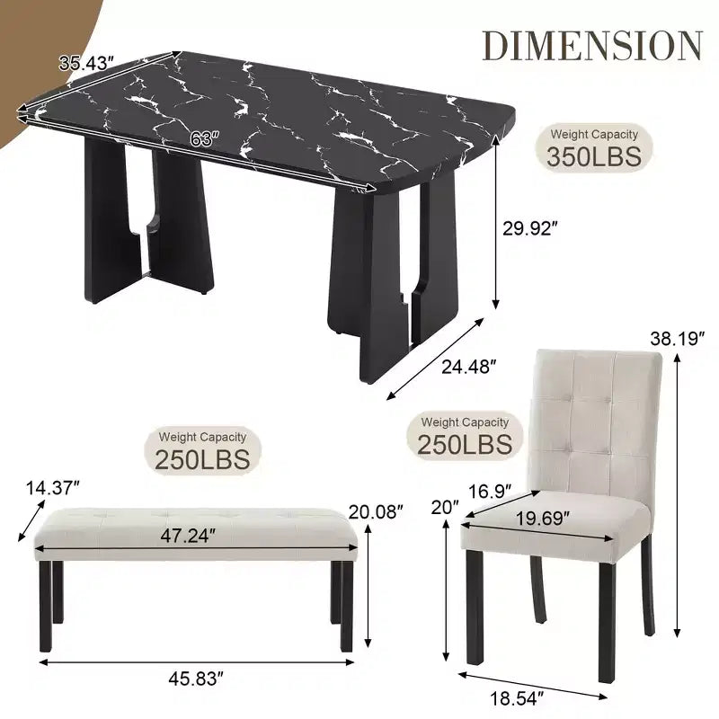 Ensemble de salle à manger moderne 6 pièces Griffin de GDFStudio avec table en faux marbre de 63 po, 4 chaises et 1 banc