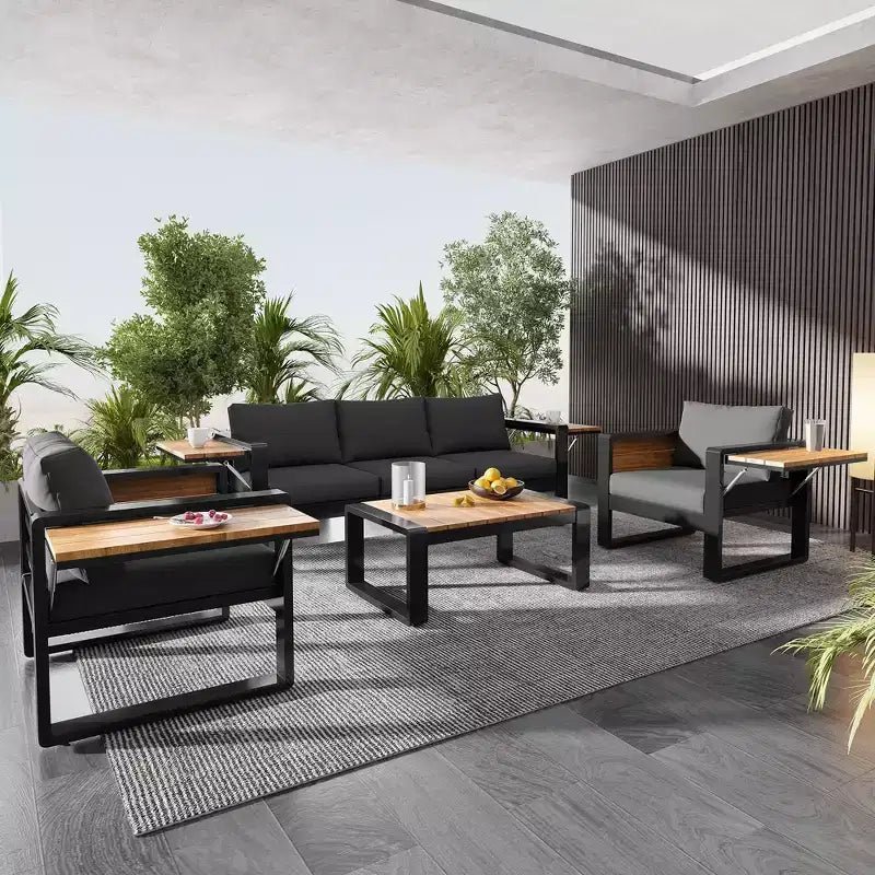 ModernLuxe Ensemble de canapés d'extérieur 4 pièces, Salon de jardin pour 5 personnes avec table basse, Canapé 3 places et 2 fauteuils avec table d'appoint rabattable