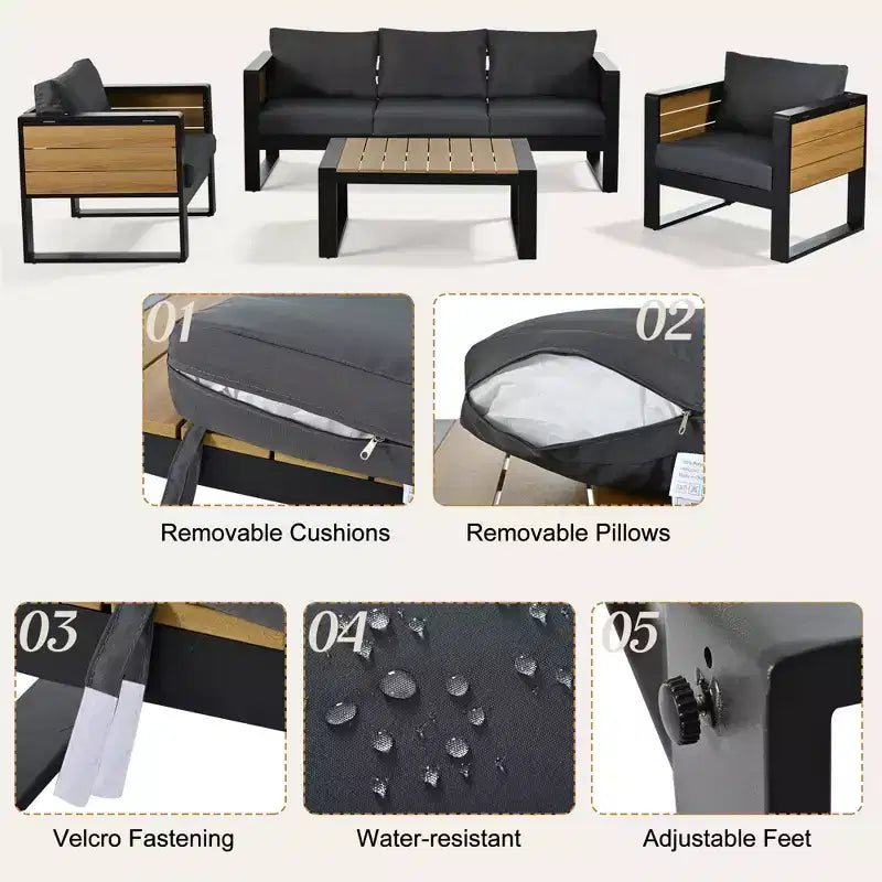 ModernLuxe Ensemble de canapés d'extérieur 4 pièces, Salon de jardin pour 5 personnes avec table basse, Canapé 3 places et 2 fauteuils avec table d'appoint rabattable