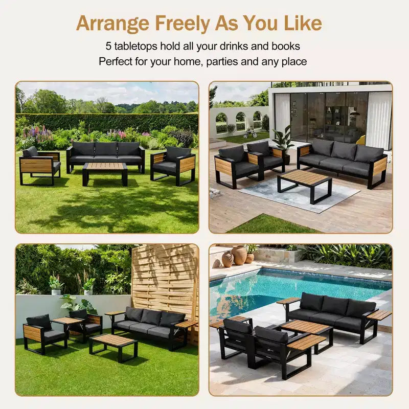 ModernLuxe Ensemble de canapés d'extérieur 4 pièces, Salon de jardin pour 5 personnes avec table basse, Canapé 3 places et 2 fauteuils avec table d'appoint rabattable