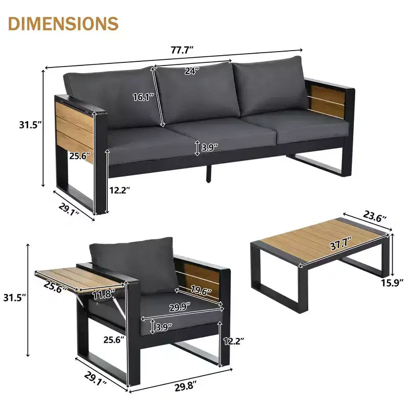 ModernLuxe Ensemble de canapés d'extérieur 4 pièces, Salon de jardin pour 5 personnes avec table basse, Canapé 3 places et 2 fauteuils avec table d'appoint rabattable