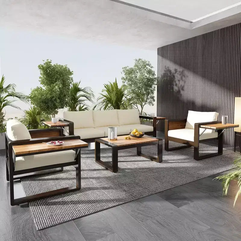 ModernLuxe Ensemble de canapés d'extérieur 4 pièces, Salon de jardin pour 5 personnes avec table basse, Canapé 3 places et 2 fauteuils avec table d'appoint rabattable
