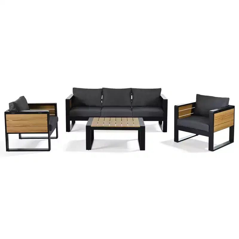 ModernLuxe Ensemble de canapés d'extérieur 4 pièces, Salon de jardin pour 5 personnes avec table basse, Canapé 3 places et 2 fauteuils avec table d'appoint rabattable