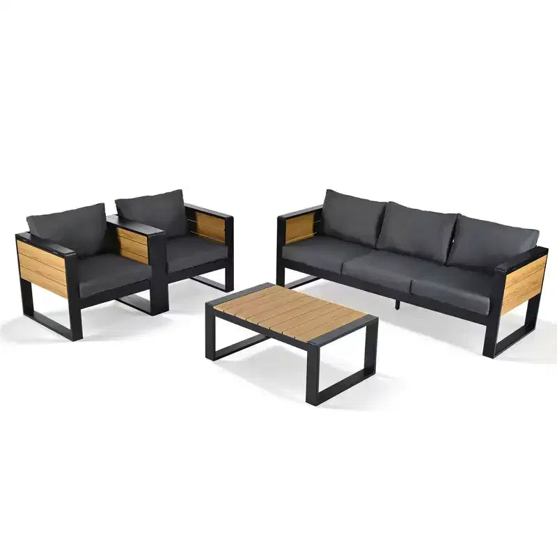 ModernLuxe Ensemble de canapés d'extérieur 4 pièces, Salon de jardin pour 5 personnes avec table basse, Canapé 3 places et 2 fauteuils avec table d'appoint rabattable