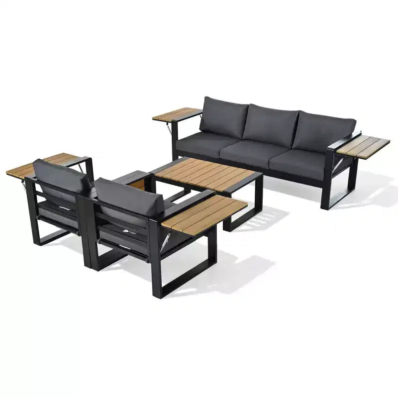 ModernLuxe Ensemble de canapés d'extérieur 4 pièces, Salon de jardin pour 5 personnes avec table basse, Canapé 3 places et 2 fauteuils avec table d'appoint rabattable