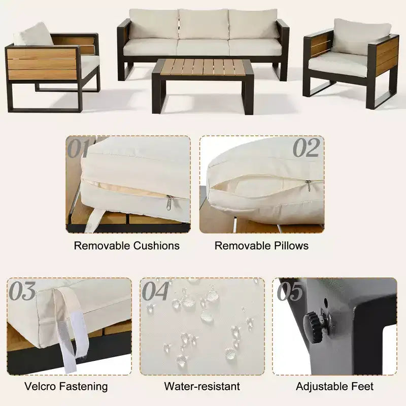 ModernLuxe Ensemble de canapés d'extérieur 4 pièces, Salon de jardin pour 5 personnes avec table basse, Canapé 3 places et 2 fauteuils avec table d'appoint rabattable