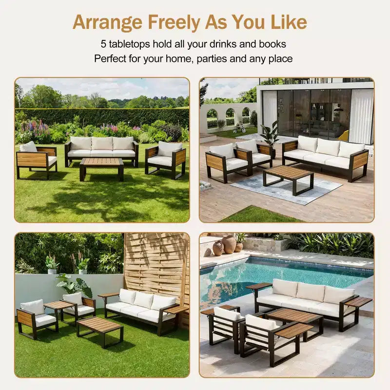 ModernLuxe Ensemble de canapés d'extérieur 4 pièces, Salon de jardin pour 5 personnes avec table basse, Canapé 3 places et 2 fauteuils avec table d'appoint rabattable