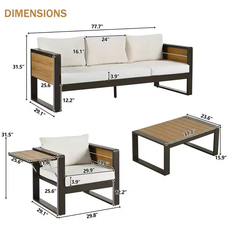 ModernLuxe Ensemble de canapés d'extérieur 4 pièces, Salon de jardin pour 5 personnes avec table basse, Canapé 3 places et 2 fauteuils avec table d'appoint rabattable