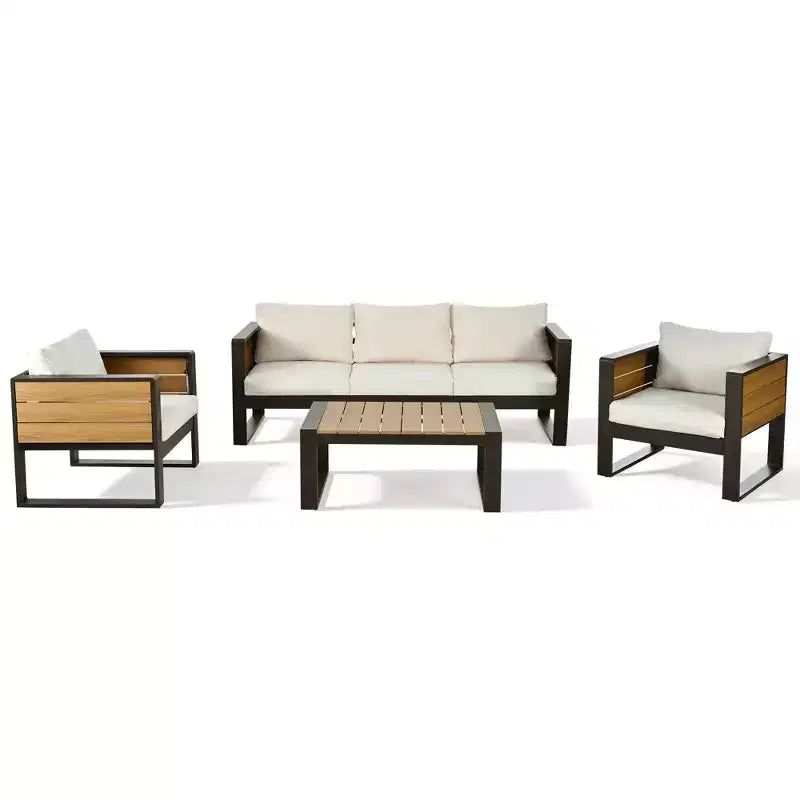 ModernLuxe Ensemble de canapés d'extérieur 4 pièces, Salon de jardin pour 5 personnes avec table basse, Canapé 3 places et 2 fauteuils avec table d'appoint rabattable