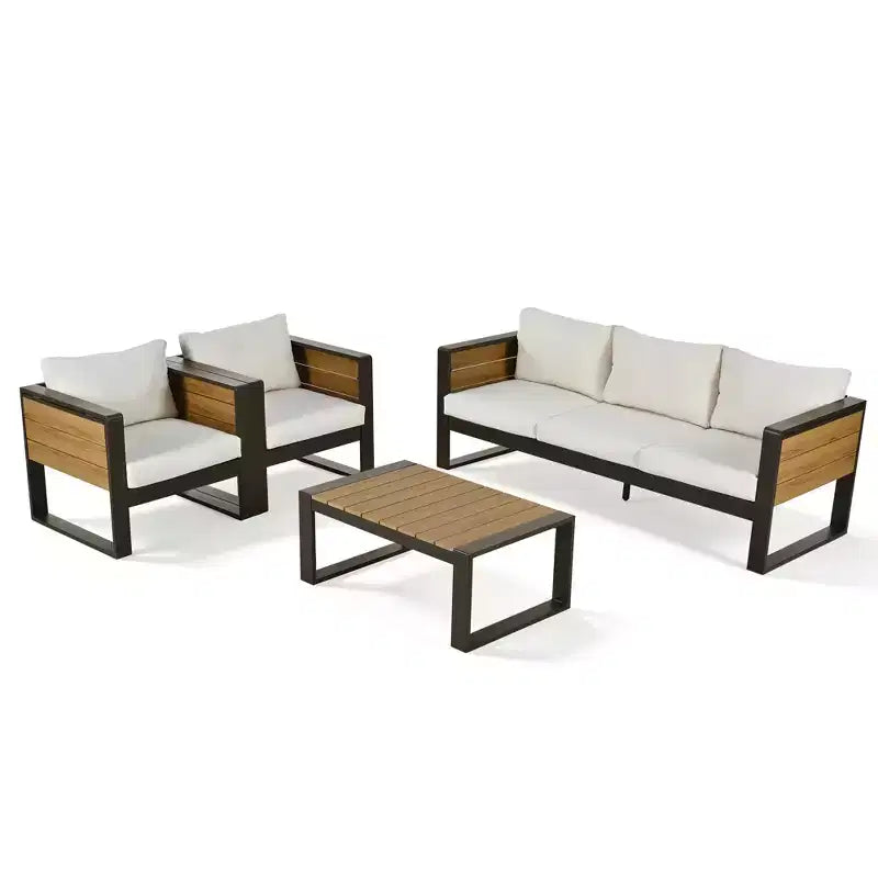 ModernLuxe Ensemble de canapés d'extérieur 4 pièces, Salon de jardin pour 5 personnes avec table basse, Canapé 3 places et 2 fauteuils avec table d'appoint rabattable