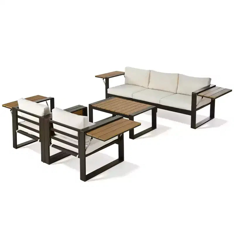 ModernLuxe Ensemble de canapés d'extérieur 4 pièces, Salon de jardin pour 5 personnes avec table basse, Canapé 3 places et 2 fauteuils avec table d'appoint rabattable