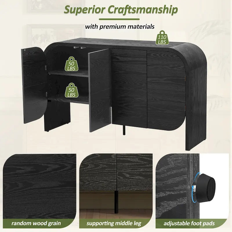 Wooden Sideboard Buffet Cabinet with Curvy Edge & Adjustable Shelves