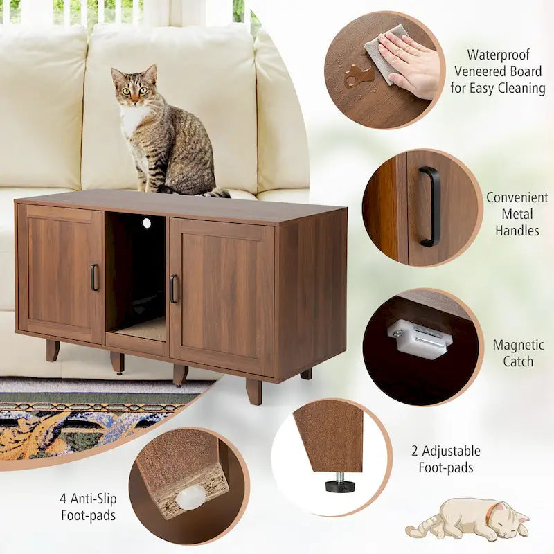 Cat Litter Box Enclosure Hidden Cat Washroom w/ 2 Doors