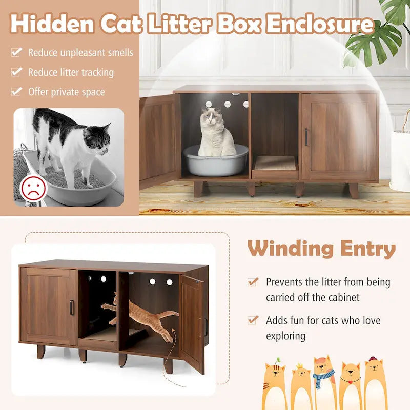 Cat Litter Box Enclosure Hidden Cat Washroom w/ 2 Doors
