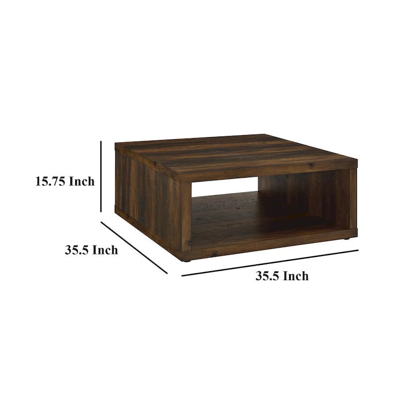 Square Cube Coffee Table with Open Shelf, 36 Inch Dark Brown