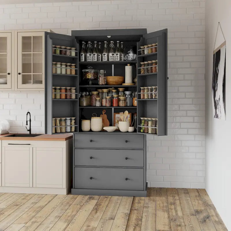 Kitchen Pantry Cabinet with 8 Doors Shelves, Wood Storage Cabinet with 3 Storage Drawers, Cupboard with Adjustable Shelves