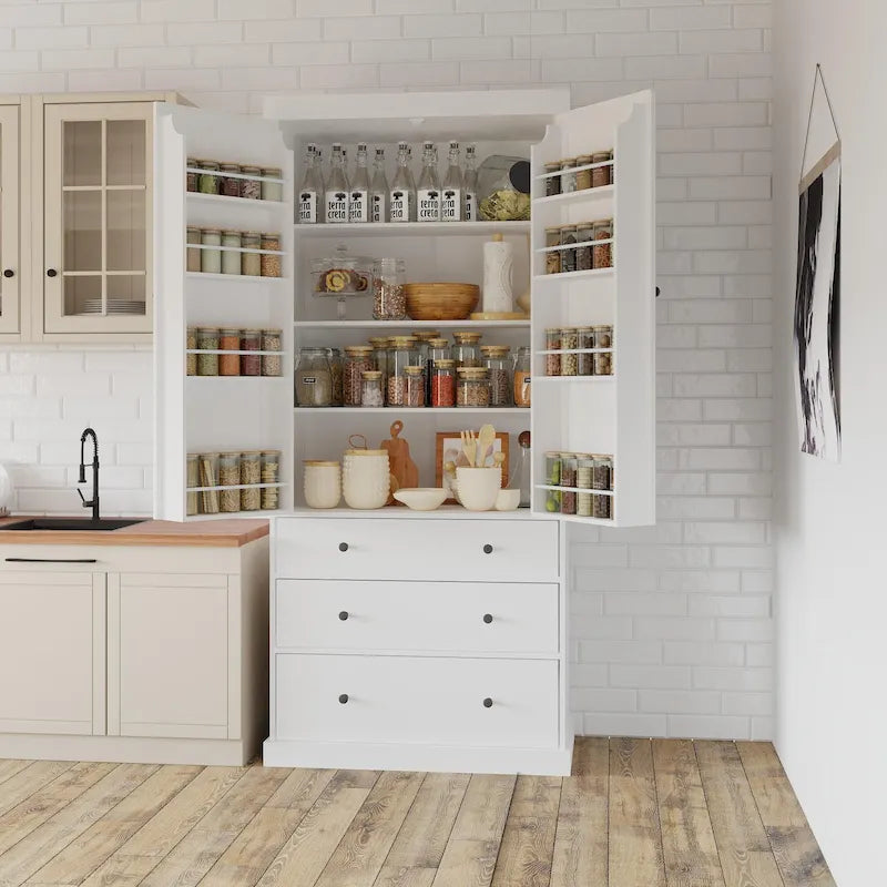 Kitchen Pantry Cabinet with 8 Doors Shelves, Wood Storage Cabinet with 3 Storage Drawers, Cupboard with Adjustable Shelves