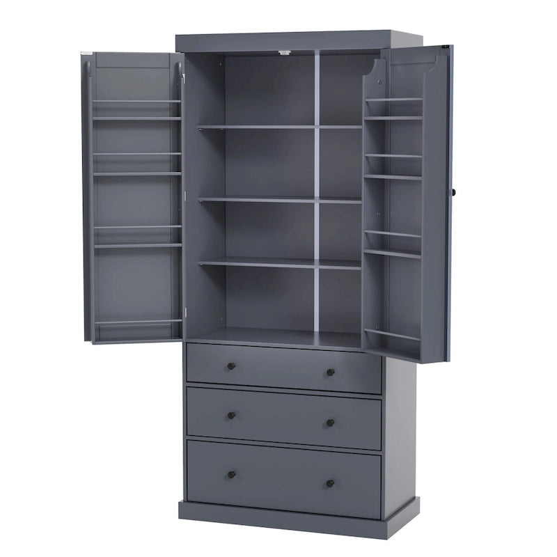 Kitchen Pantry Cabinet with 8 Doors Shelves, Wood Storage Cabinet with 3 Storage Drawers, Cupboard with Adjustable Shelves